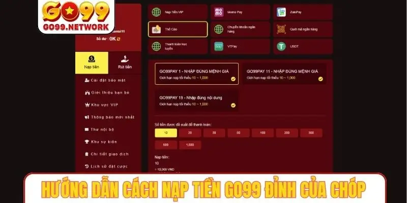 Hướng dẫn cách nạp tiền GO99 đỉnh của chóp